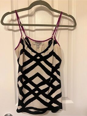 Ecote Black & Cream Silk Geometric Print Spaghetti Strap Tank, Pink Trim, Size S
